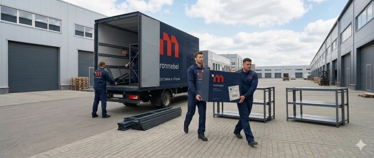 Погрузка стеллажей и производственной мебели Ironmebel в фирменный грузовой автомобиль