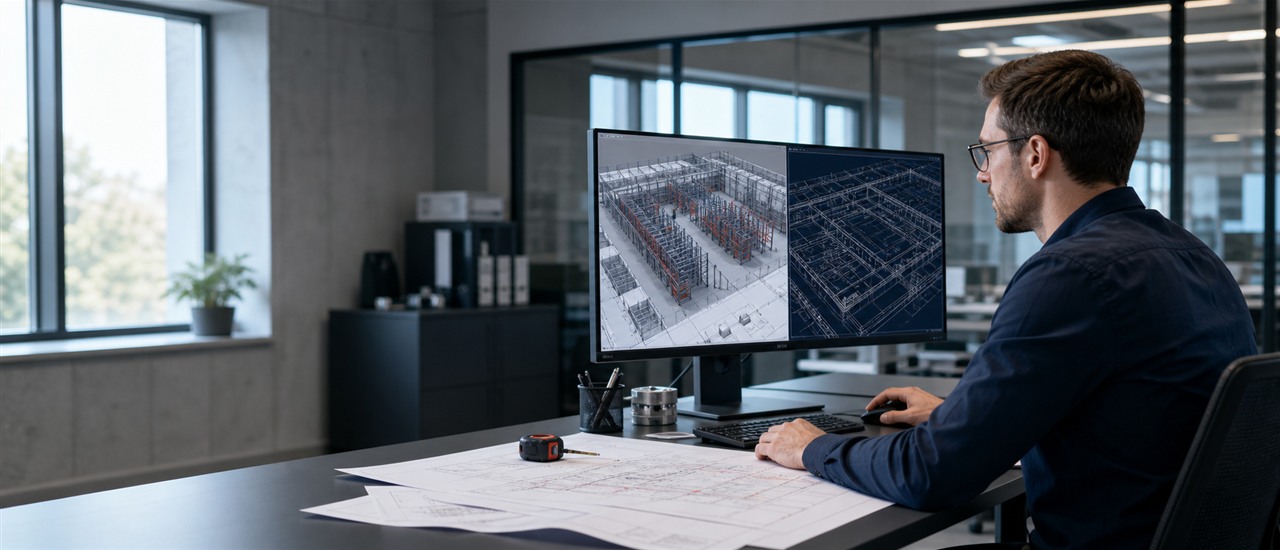 Инженер Ironmebel разрабатывает планировку склада: 3D-модель и чертёж на экране